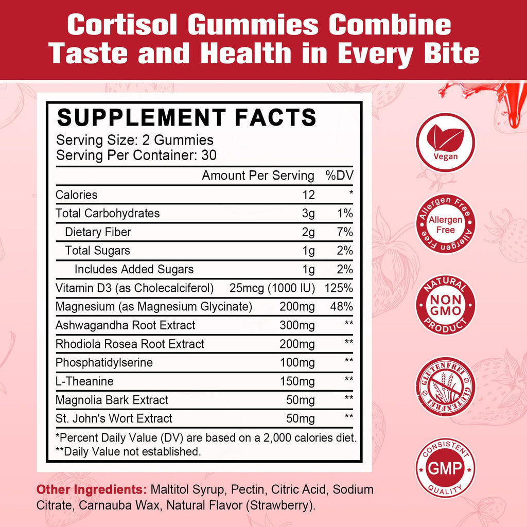 JIANKYTZ Cortisol Gummies for Women with Ashwagandha, Rhodiola Rosea, L-Theanine, Magnesium, Vitamin D3 for Zzz Support, Balanced Cortisol, Vegan, 60 Gummies