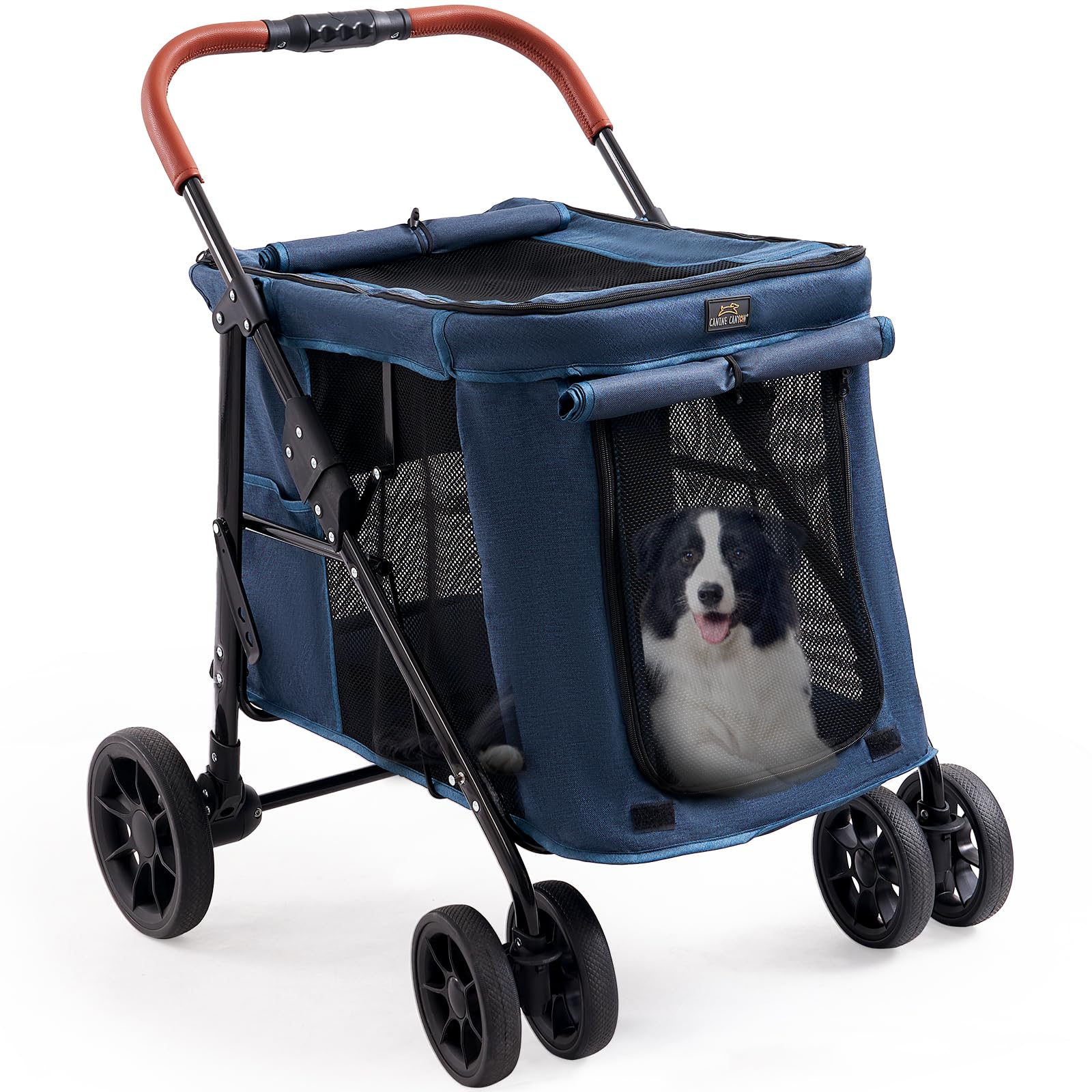 CANINE CANYON Scout Pet Stroller, Heavy Duty Dog Stroller for Large/Medium Dogs, Foldable Pet Stroller for 2 Small Dogs with All-Terrain Wheels, Storage Pocket & Cup Holder, 55 lbs Capacity, Navy Blue