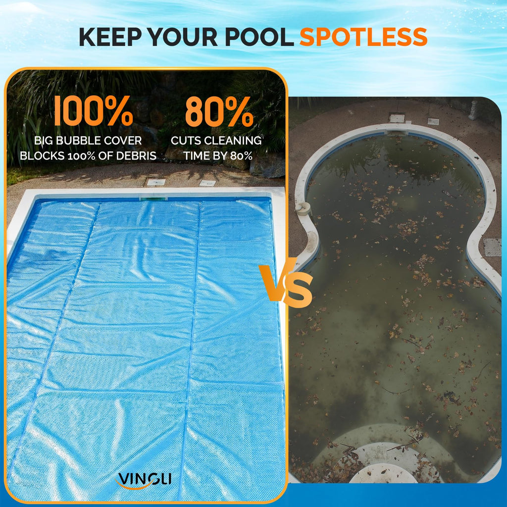 VINGLI 12Mil Solar Pool Cover, Rectangle Solar Blanket-Heavy Duty Solar Pool Cover for Above Ground Pool-Pool Solar Cover for Inground Pool (Blue, 16'x32' Rectangular)