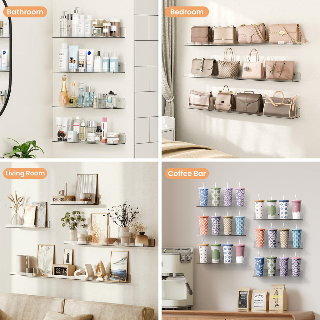 upsimples 15" x 4" Acrylic Shelves for Wall Storage and Organizer, 6 Pcs