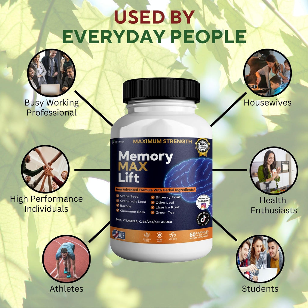 GREENVIFY Memory MAX Lift Brain Support Supplement, Nootropic Cognitive Focus Formula, 60 Capsules
