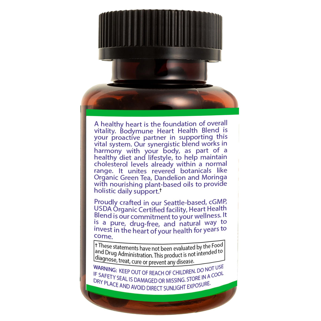 Bodymune Heart Health Blend Cholesterol Support – Organic Cardiovascular & Circulation Supplement – with Green Tea, Pomegranate & Black Seed Oil – 60 Capsules – USDA Organic, Vegan