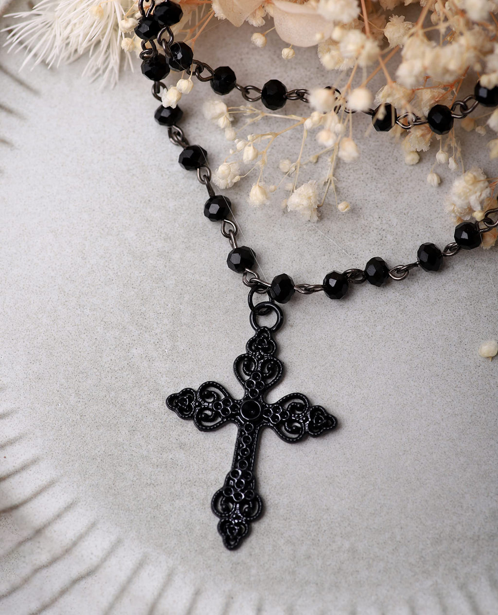 Layered Black Beaded Cross Choker, Goth Gothic Emo Punk Grunge Necklace