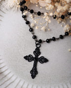Layered Black Beaded Cross Choker, Goth Gothic Emo Punk Grunge Necklace
