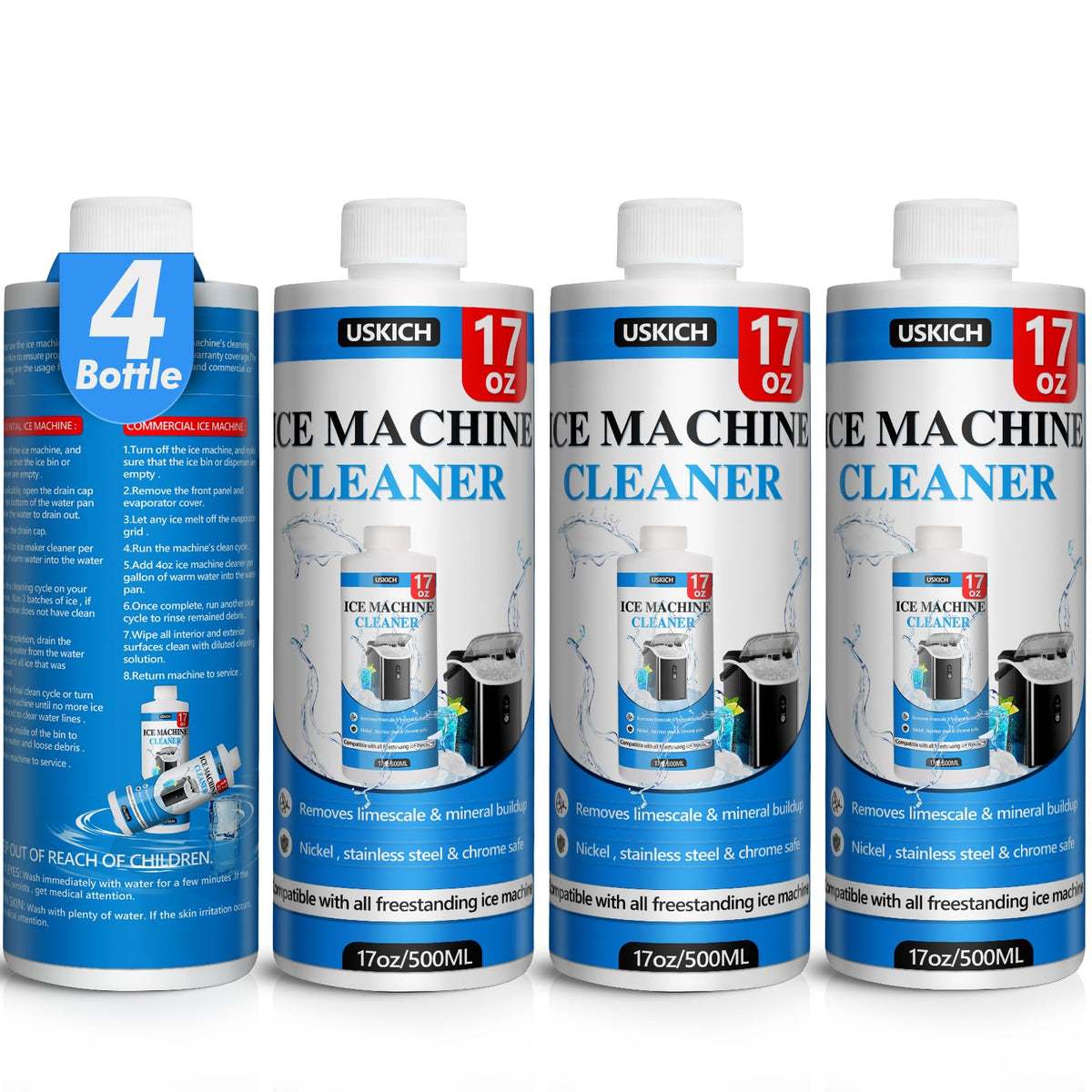 Ice Machine Descaler Solution USKICH 4 Pack Ice Machine Cleaner Maker Descaler-68 fl oz Nickel Safe ...