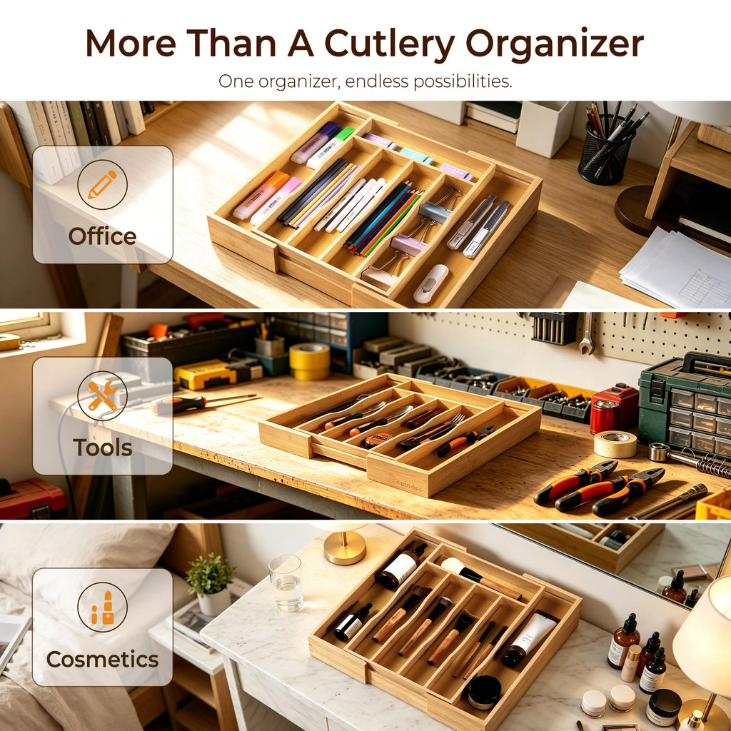 oridom Expandable Bamboo Kitchen Drawer Organizer for Cutlery and Utensils, Adjustable Bamboo Wood Cutlery Tray in Drawer for Flatware and Silverware in Kitchen, (Natural)