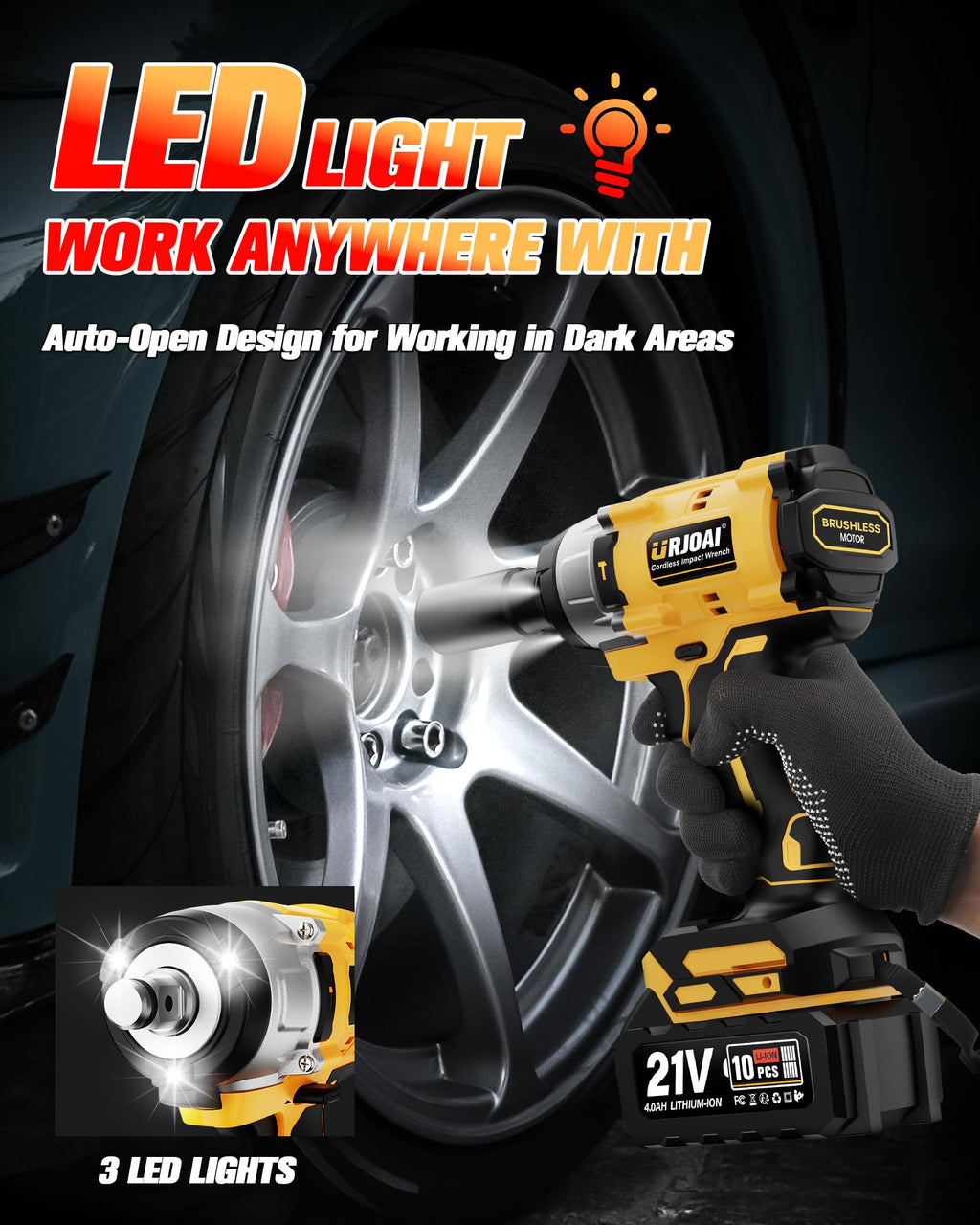 Urjoai Cordless Impact Wrench - 590Ft-lbs (800N.m) Brushless 1/2 inch, 3300RPM High Torque Impact Gun, 2x 4.0Ah Battery, Charger & 7 Sockets, Electric Impact Wrench for Car Home