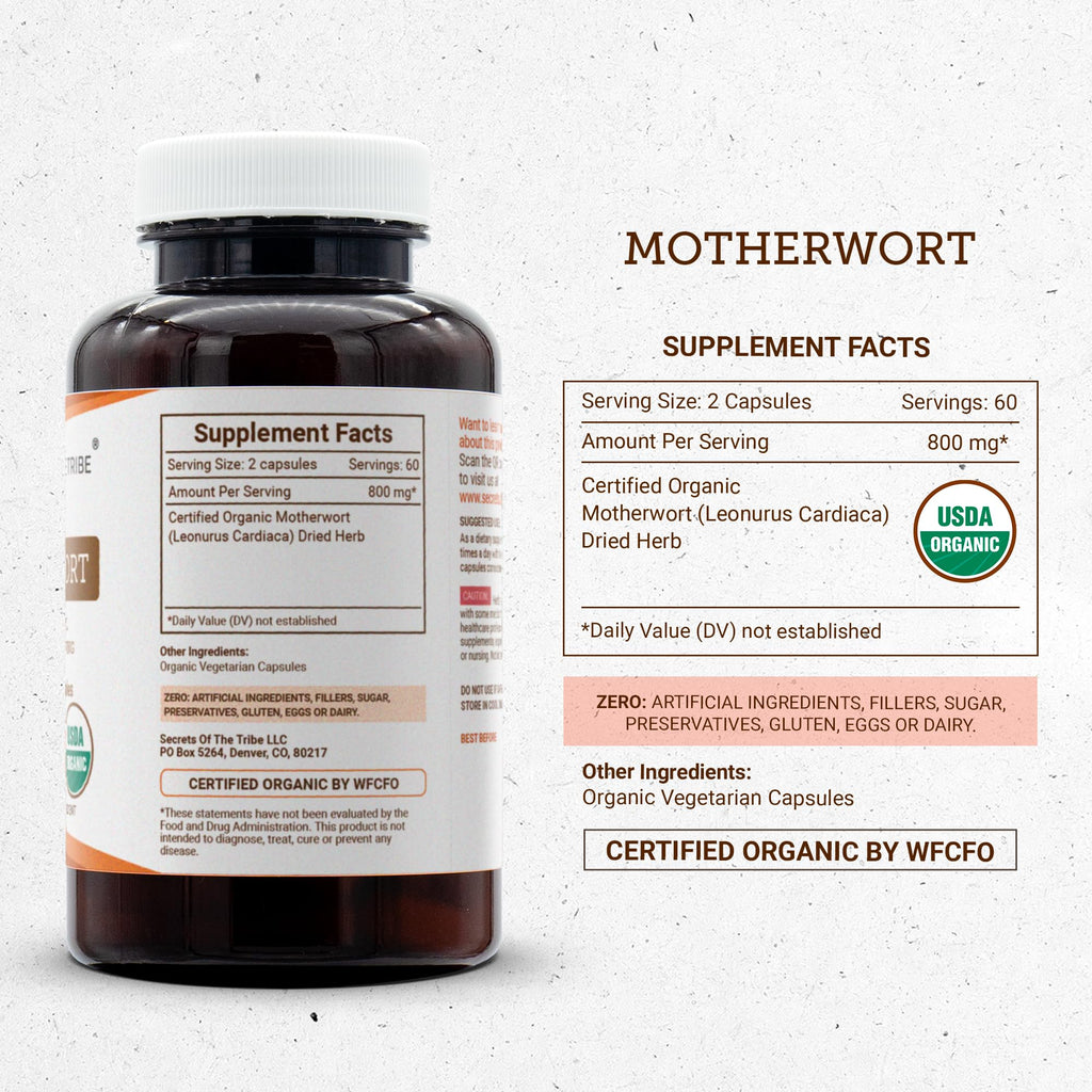 Secrets of the Tribe Motherwort USDA Organic Capsules | Certified Organic Vegetarian Capsules, Herbal Dietary Supplement | Leonurus Cardiaca Dried Herb (120 Count)