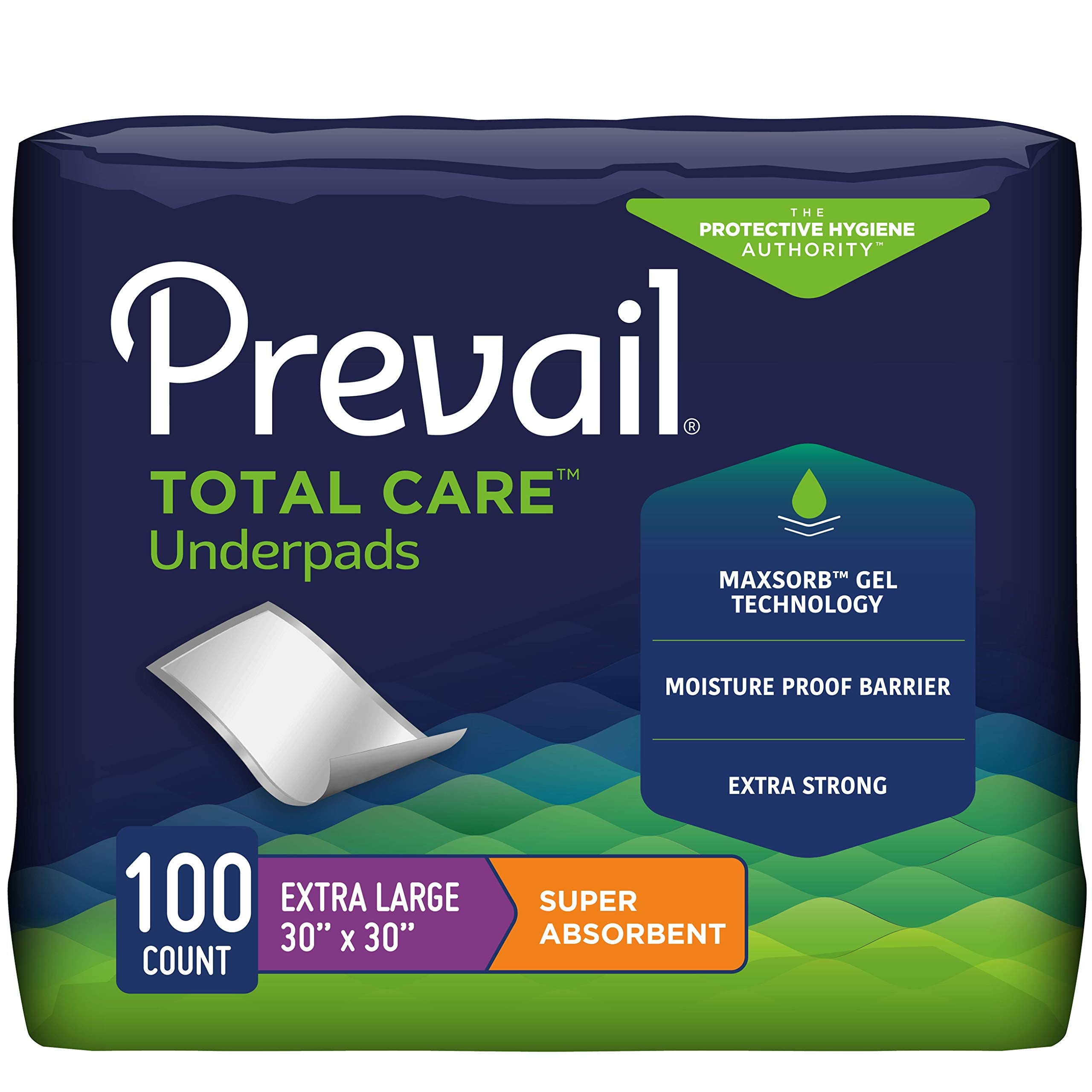 Prevail Incontinence Underpads - Unisex Disposable Underpads for Men & Women - Super Absorbent, 30" X 30", 100 Count (10 Packs of 10)