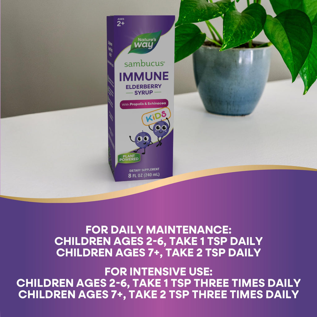 Nature's Way Sambucus Elderberry Immune Syrup for Kids Ages 2+,Echinacea & Propolis,with Superfood Antioxidants(1),Immune Support Syrup*,Vegetarian,Berry Flavored,8 Fl Oz,(Pack of 2)