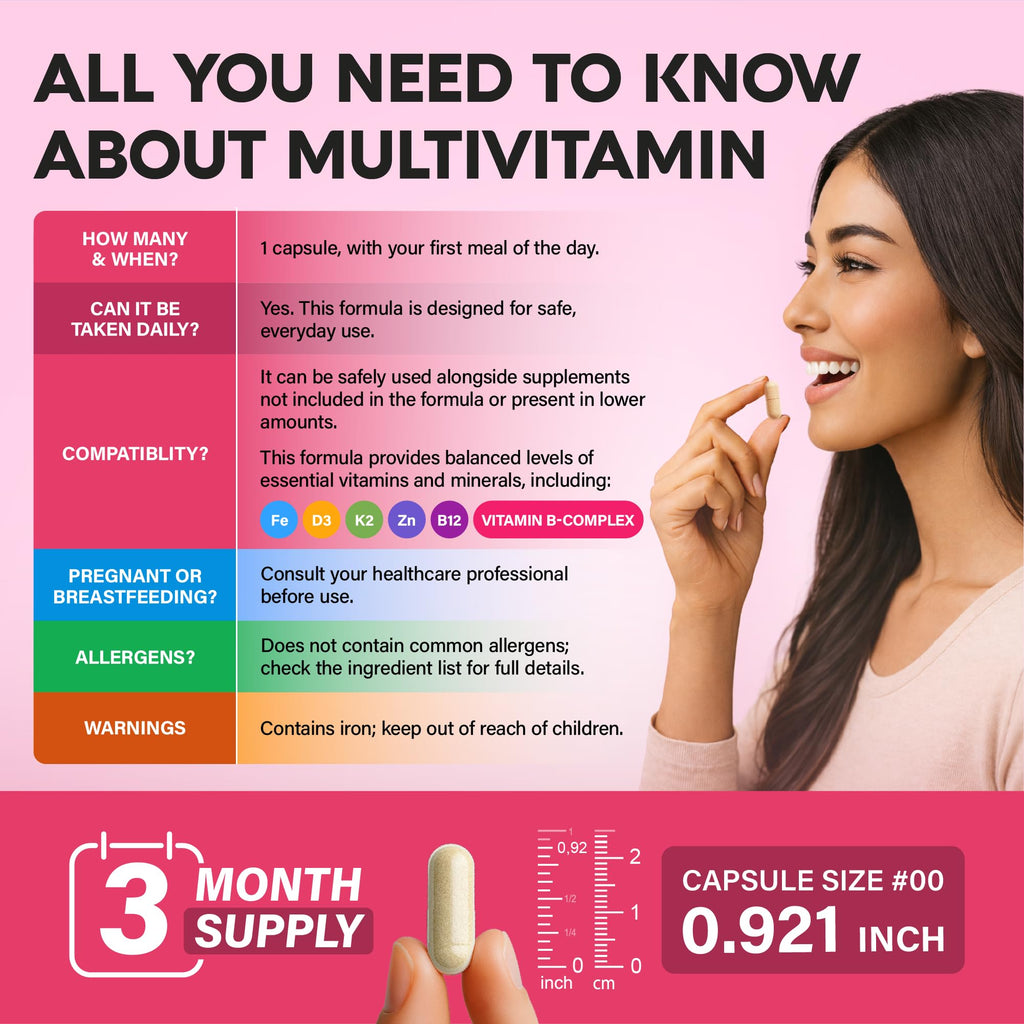Multivitamin for Women - B-Complex | Whole Foods | Hair Growth Support | Digestion & Metabolism | Iron - 47in1 Womens Multivitamin - Bioavailable & Gentle on Stomach - Made in USA - 90 Capsules