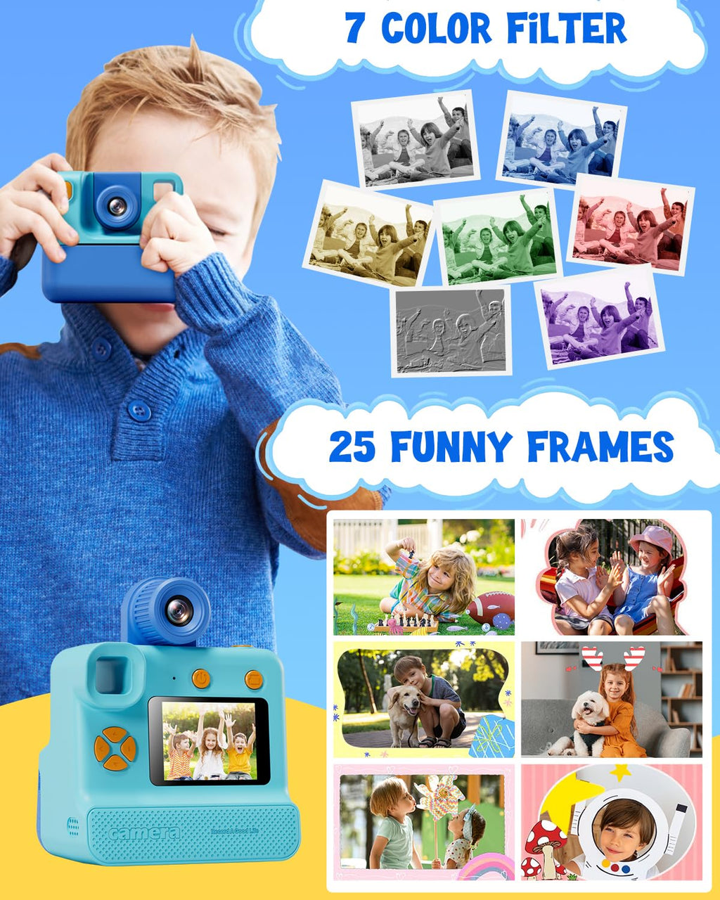 Kids Camera Instant Print, LETSHAHA Christmas Birthday Gifts for Toddler Girls Boys Age 3-12, 24MP & 1080P Selfie Digital Camera with 3 Roll No-Ink Print Paper 32GB SD Card - Blue
