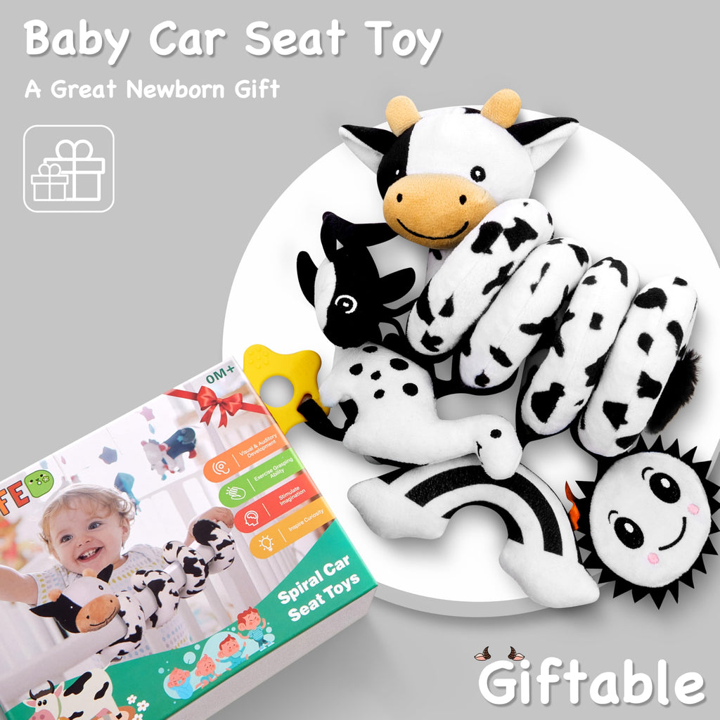 Spiral Car Seat Baby Toys 0-6 Months, Infant Carseat High Contrast Sensory Toys Hanging Stroller Accessories, Newborn Gifts for Baby Boys Girls Essentials, Cute Black and White Cow