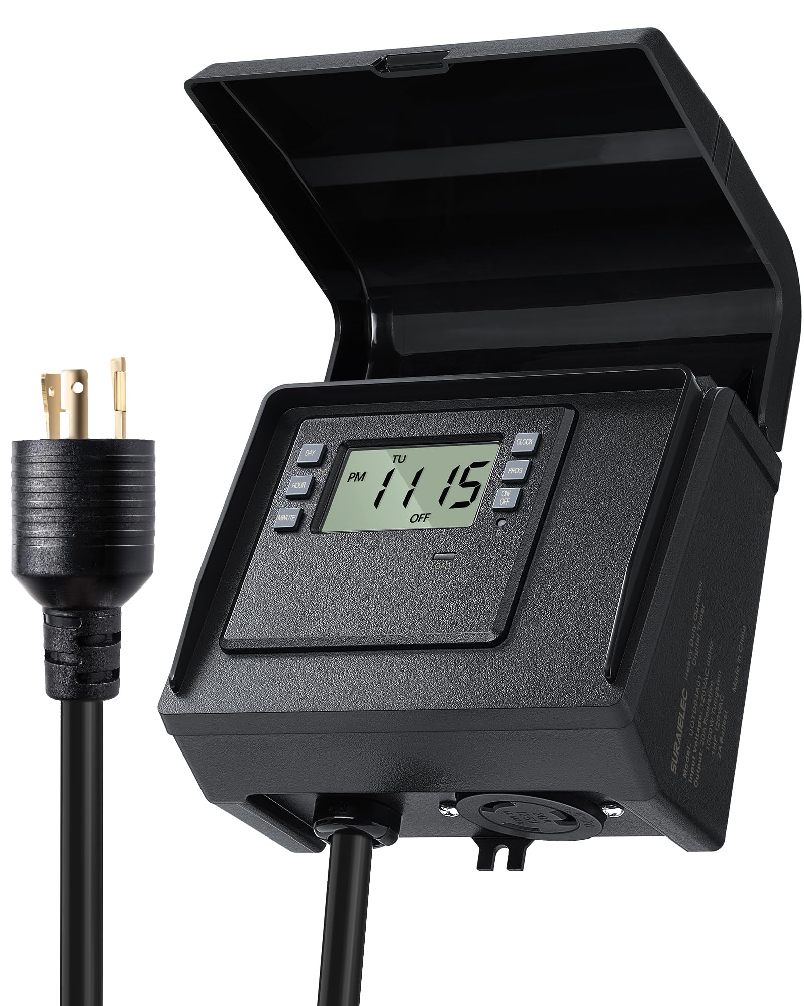 SURAIELEC Digital Pool Timer for Above Ground Pools, NEMA L5-20R Twist-Lock Plug-in Timer, 20A 125V 1HP, Programmable 7-Day Schedule, Weatherproof Cover, for Pool Pumps, Heaters and Lights