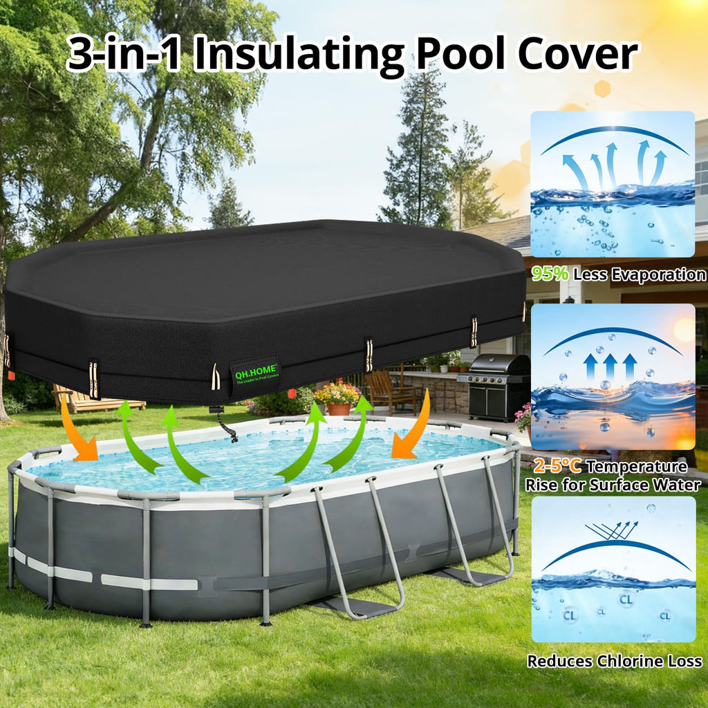 QH.HOME 550D 12x20 Ft Oval Pool Cover [Upgraded Tear Resistant & Quadruple Windpoof] wth Pre-Installed Patented Winch and Rope,Pool Covers for Above Ground Pools Oval-Snug Fit & Waterproof Protection
