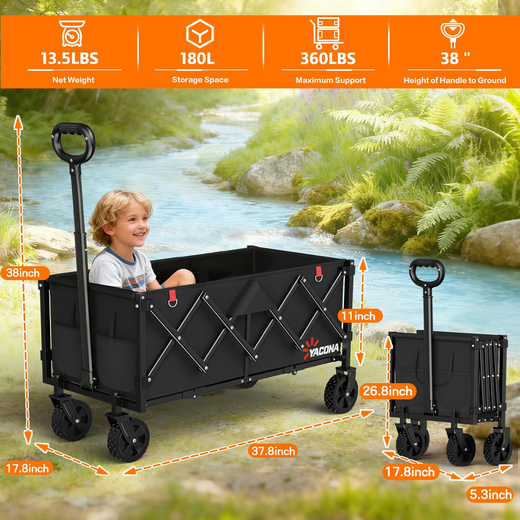 35" L Extra Long Wagons Carts Foldable, 360LBS Beach Wagon with Wheels