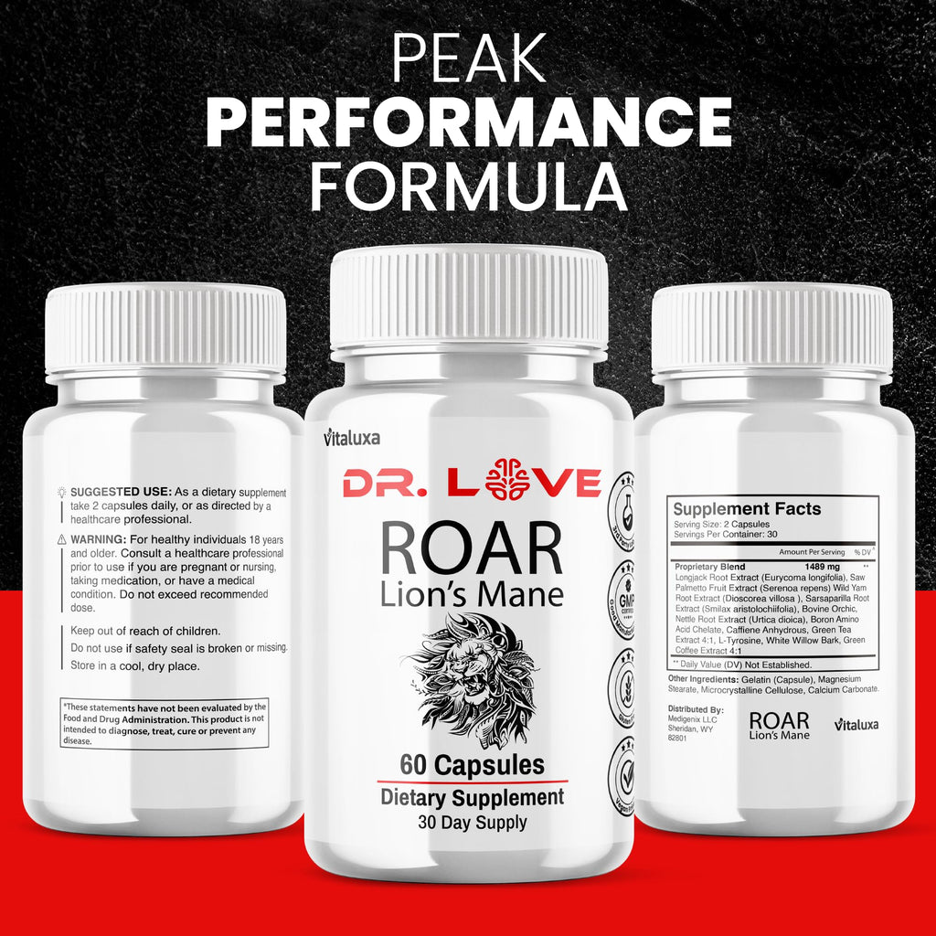 Dr. Love Roar Lions Mane Supplement Capsules, Dr.Love Roar Lion’s Mane Plus Pills Brain and Focus Premium Advanced Official Formula, Doctor Love All Natural Support Pills, Made in USA (60 Capsules)