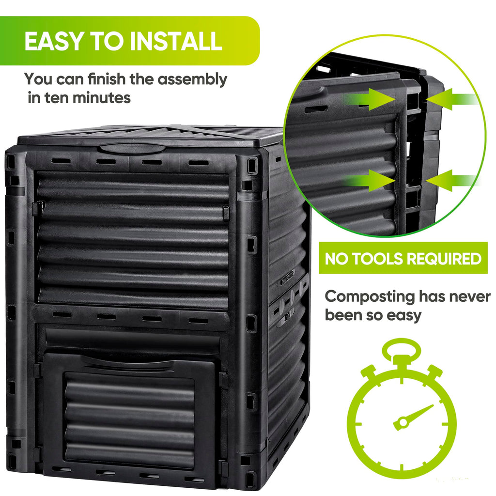 F2C Compost Bin 80 Gallon,Includes Gloves, Large Compost Bin w/Top Flip Latch-on Lid, Bottom Exit Door Aerating Outdoor Garden Compost Box,BPA Free Material for Backyard Outdoor, Black