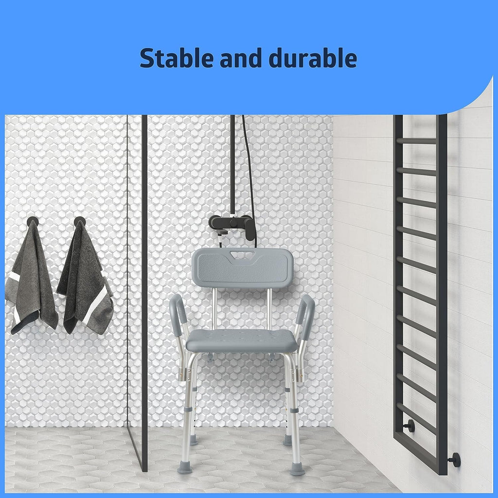Dr. Dunley Bath Chair for Seniors, Shower Seat with Back, Suction Feet, Non-Slip Adjustable Height Shower Bench for Elderly, 350lb Weight Capacity (Removable Backrest)