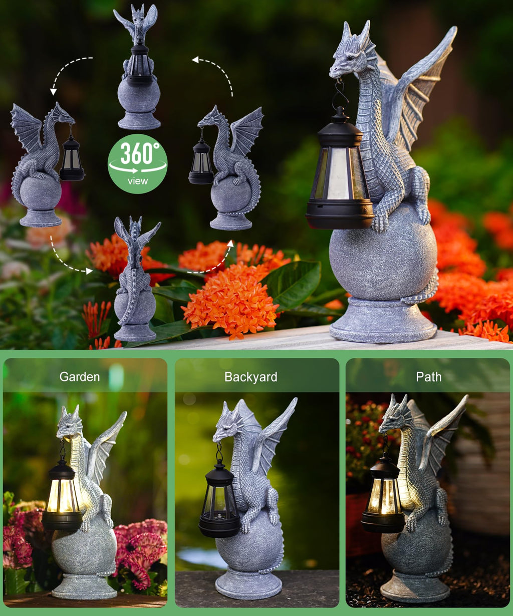 Acgarten Solar Garden Dragon Statue: Outdoor Figurine with Lantern Lights