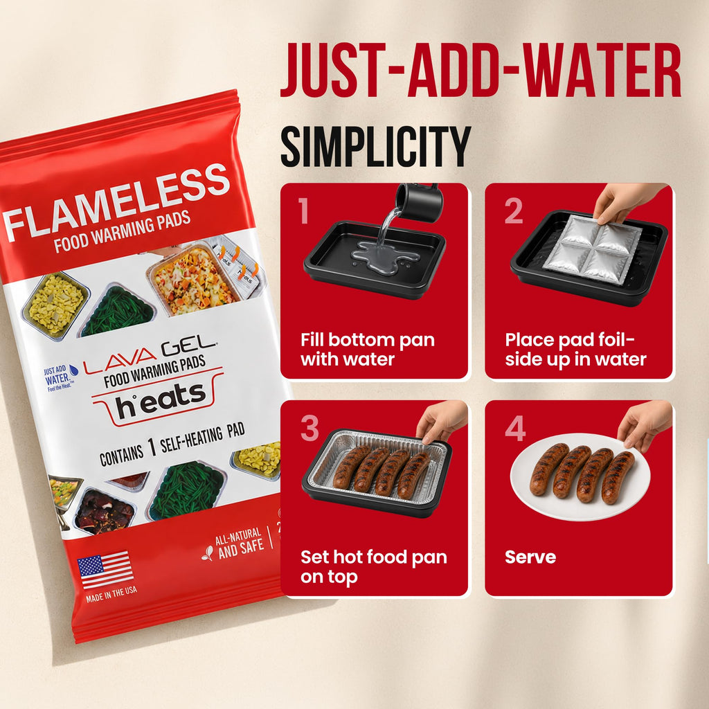 Lava Gel Self-Heating Buffet Kit – Flameless Food Warmer Set for Parties – Includes 4 Trays, 4 Half-Size Heat Pads & Foil Pans – Keeps Hot Food Hot for up to 3 Hours – Gel Fuel Can Alternative