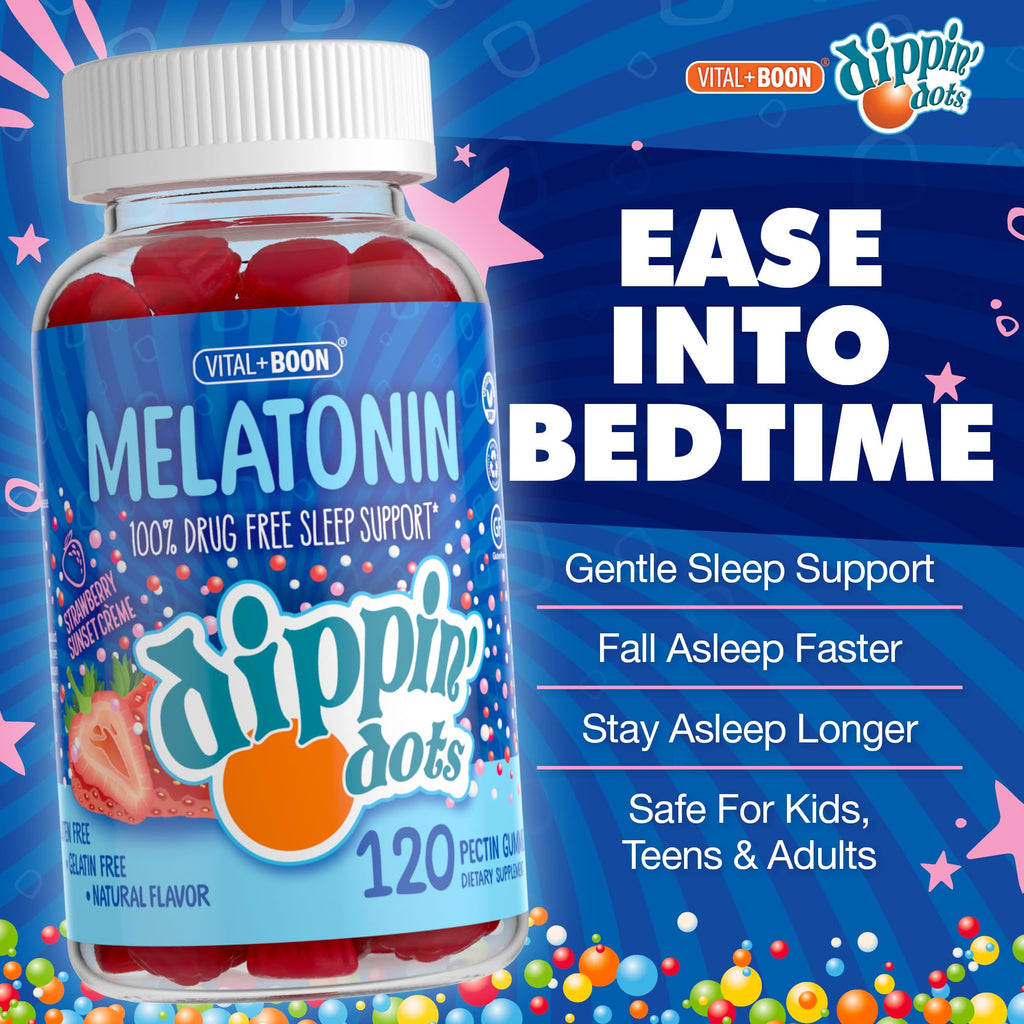 Dippin Dots - Melatonin Gummies for Kids & Adults (30 Day Supply) Strawberry Sunset Creme Flavor | 2.5mg Per Kids Melatonin Gummy | Supplement for Faster & Longer Sleep | Gummies for Children (120 Ct)