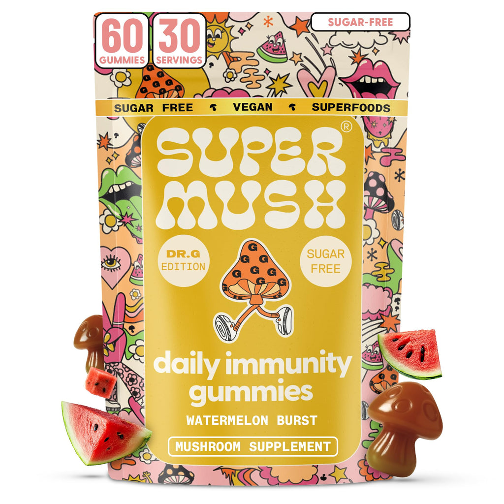 SuperMush Dr. G Daily Greens Gummies - Lion’s Mane, Spirulina, Chlorella, Ashwagandha, Prebiotics & Vitamins C, D, Zinc - Sugar Free Greens Gummies for Immunity, Gut Health & Radiance - Vegan 60 Ct
