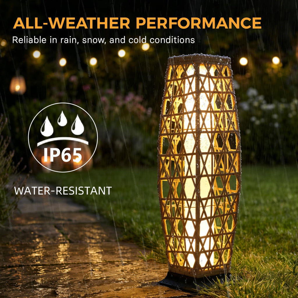Grand patio 2-Piece Outdoor Floor Lamp Solar Lantern, Water-Resistant Wicker Boho Patio Light with 50/100 Lumens Dual Brightness & Memory Mode for Garden Porch Deck Decor, Large Cindy Natural