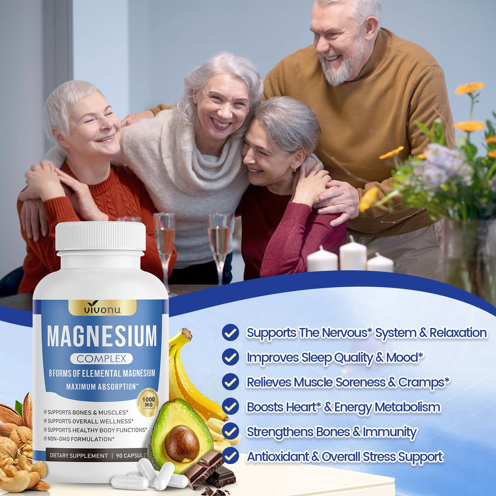 1000mg Magnesium Complex Capsules, 8 Elemental with Magnesium Glycinate, Citrate, Malate, Taurate, Oxide, Carbonate, Aspartate, Orotate for Bones, Muscle, Recovery, Energy, Vegan Non-GMO, 2 Bottle