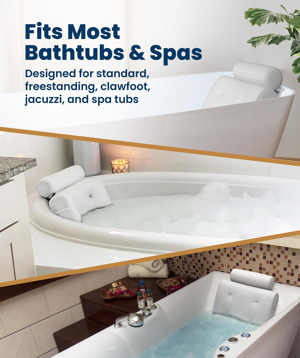 Everlasting Comfort Luxury Bath Pillows for Tub with Head and Neck Support - Non-Slip Bathtub Pillow with Suction Cups, Quick-Drying Mesh & Drying Hook - Jacuzzi & Spa Accessories for Women - White