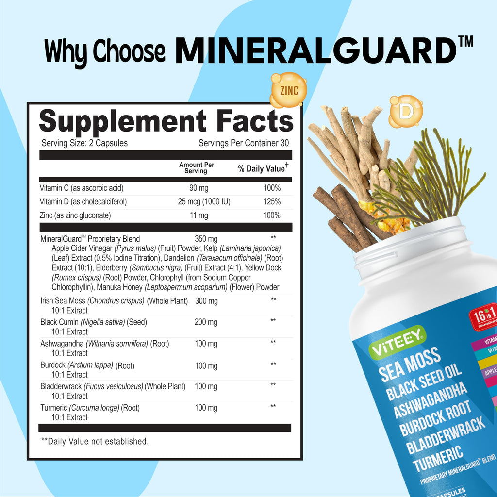 Viteey Sea Moss Capsules with Black Seed Oil - 16in1 MineralGuard