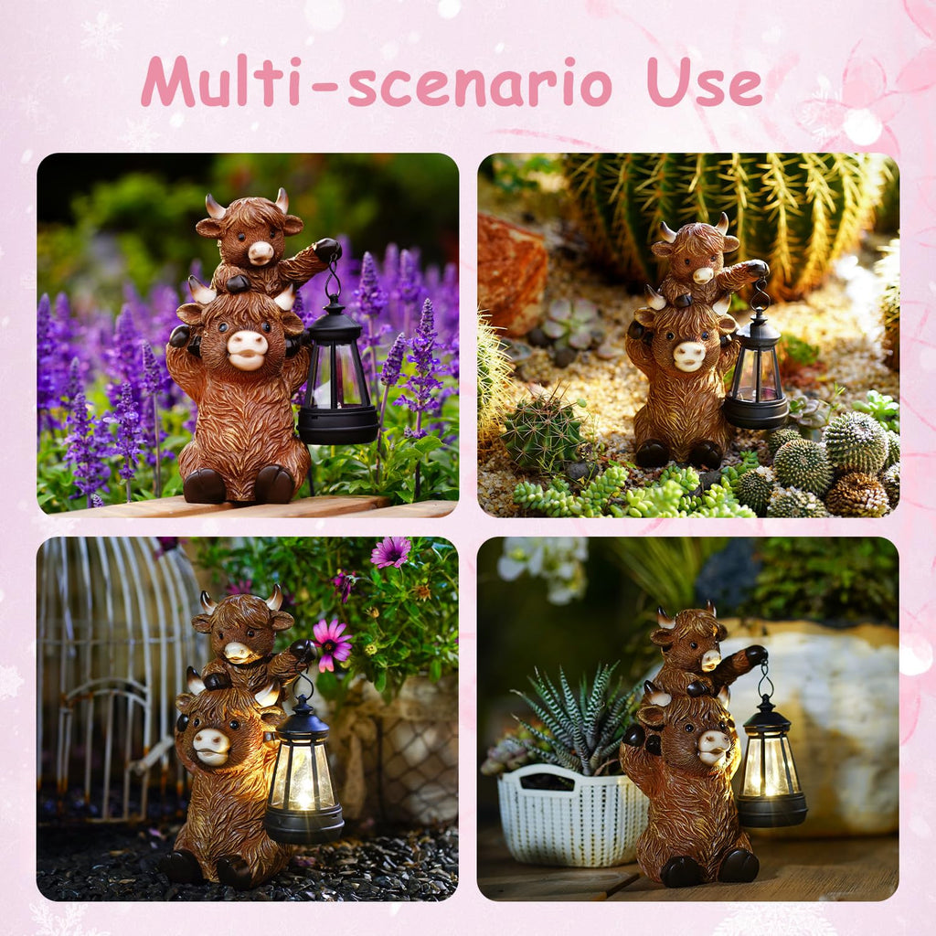 Tiejiajiang Solar Highland Cow Decor - Resin Cow Statue with Solar Lantern