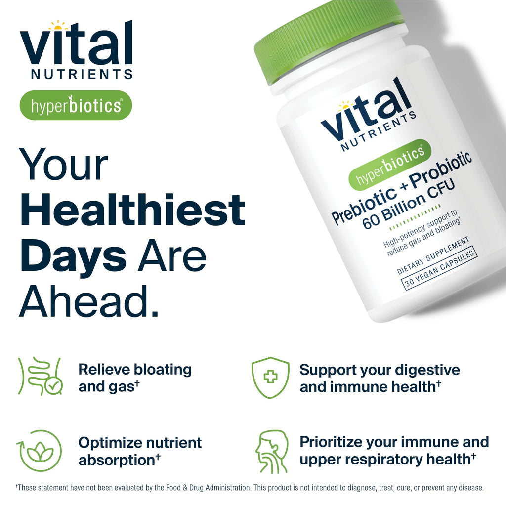 Hyperbiotics Vital Nutrients Prebiotic and Probiotic for Women and Men | 60 Billion CFU | Pre and Probiotics Supports Digestive Health, Constipation, Diarrhea, Gas & Bloating* | 30 Vegan Capsules