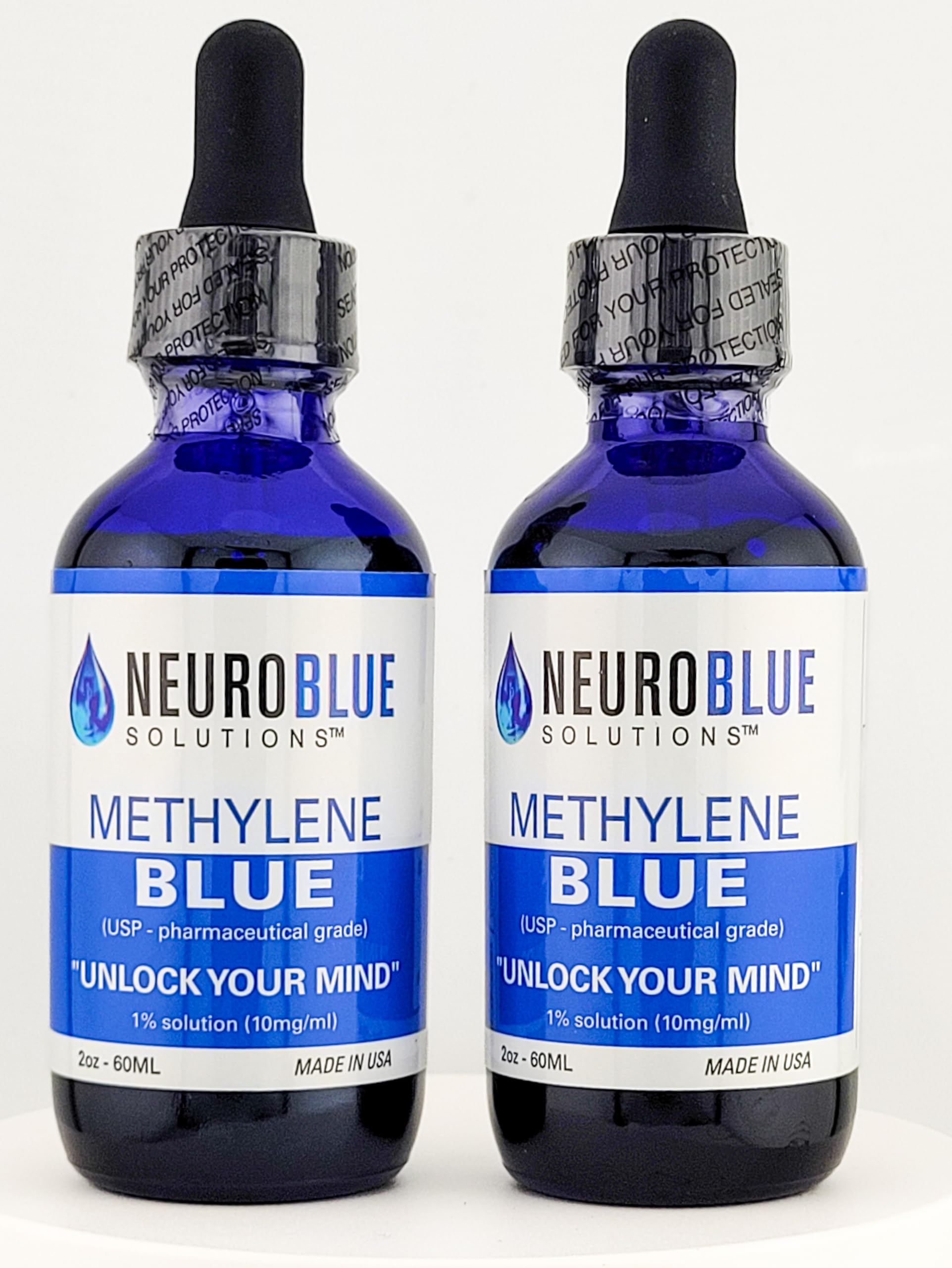 NeuroBlue Solutions Methylene Blue USP Grade 1% Liquid 2 oz – 99.9% Purity, Heavy Metal & Formaldehyde Free, Made in USA (2 Pack)