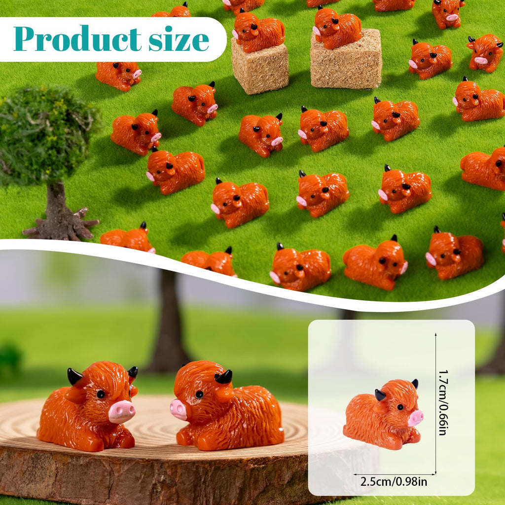 Teenzee 50 Pcs Mini Highland Cow Figurines Bulk Mini Cow Figurines Cake Decorations Cute Miniature Resin Sculpture Ornament Micro Landscape Office Garden Desk Party Tabletop Decor