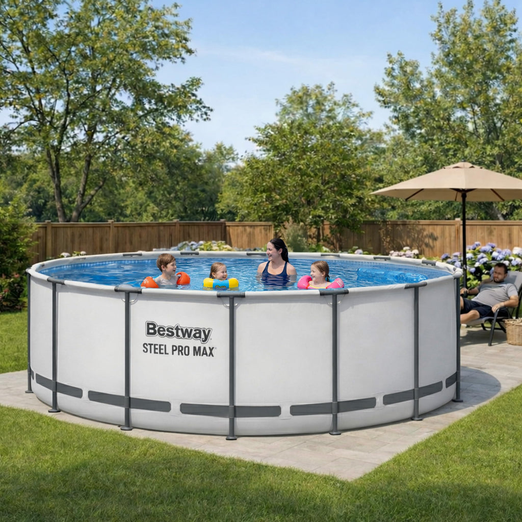 Bestway Steel Pro MAX 15' x 48" Above Ground Pool, Round Metal Frame Outdoor Swimming Pool Set with Filter Pump, Ladder, and Cover, Gray