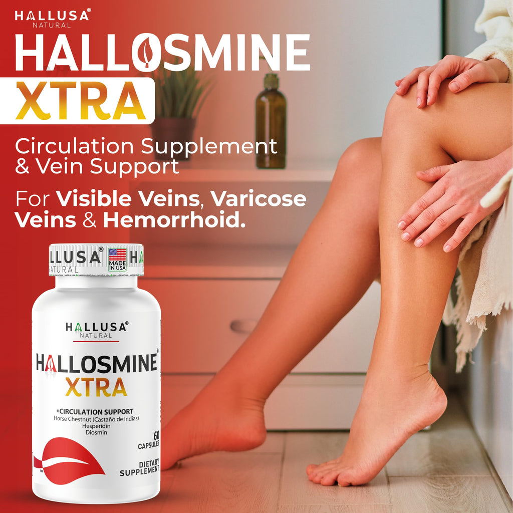 Hallosmine Xtra Circulation & Vein Support, Diosmin, Horse Chesnut & Hesperidin 850mg + FREE Leg Cream | Leg Circulation, Varicose Veins, Spider Veins, Hemorrhoids, Blood Flow, 60 capsules