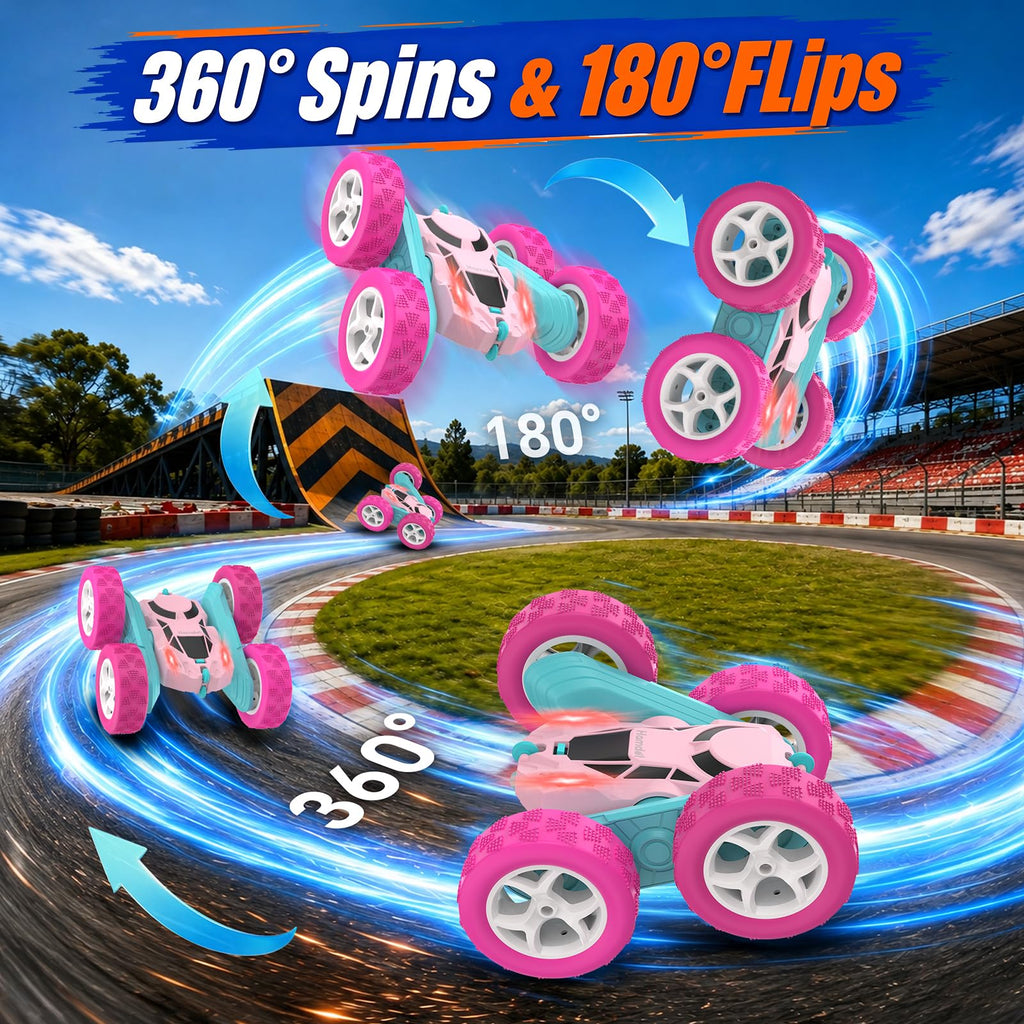 Hamdol Pink Remote Control Car for Girls, 360° Flipping Stunt Car with LED Headlights, Rechargeable 4WD Electric Toy Vehicle, Princess Gift for 6 7 8 9 10 11 Year Old Girls, Birthday & Christmas Toy