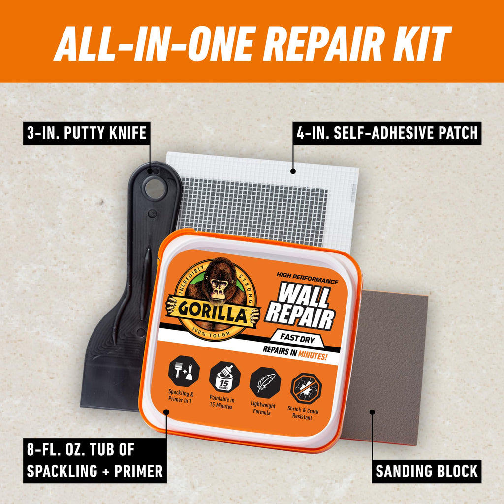Gorilla Wall Repair Kit Featuring Gorilla Heavy Duty Wall Repair Spackling + Primer White