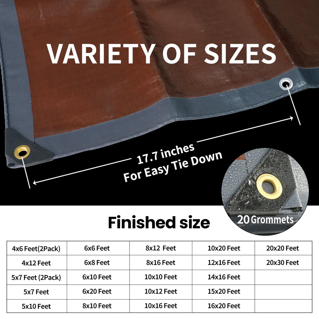 TARPAL tarp 6x10 Feet Super Heavy Duty Tarps Cover 20mil Waterproof UV Protection Rip and Tear Proof Tarpaulin with Grommets(Grey/Brown)