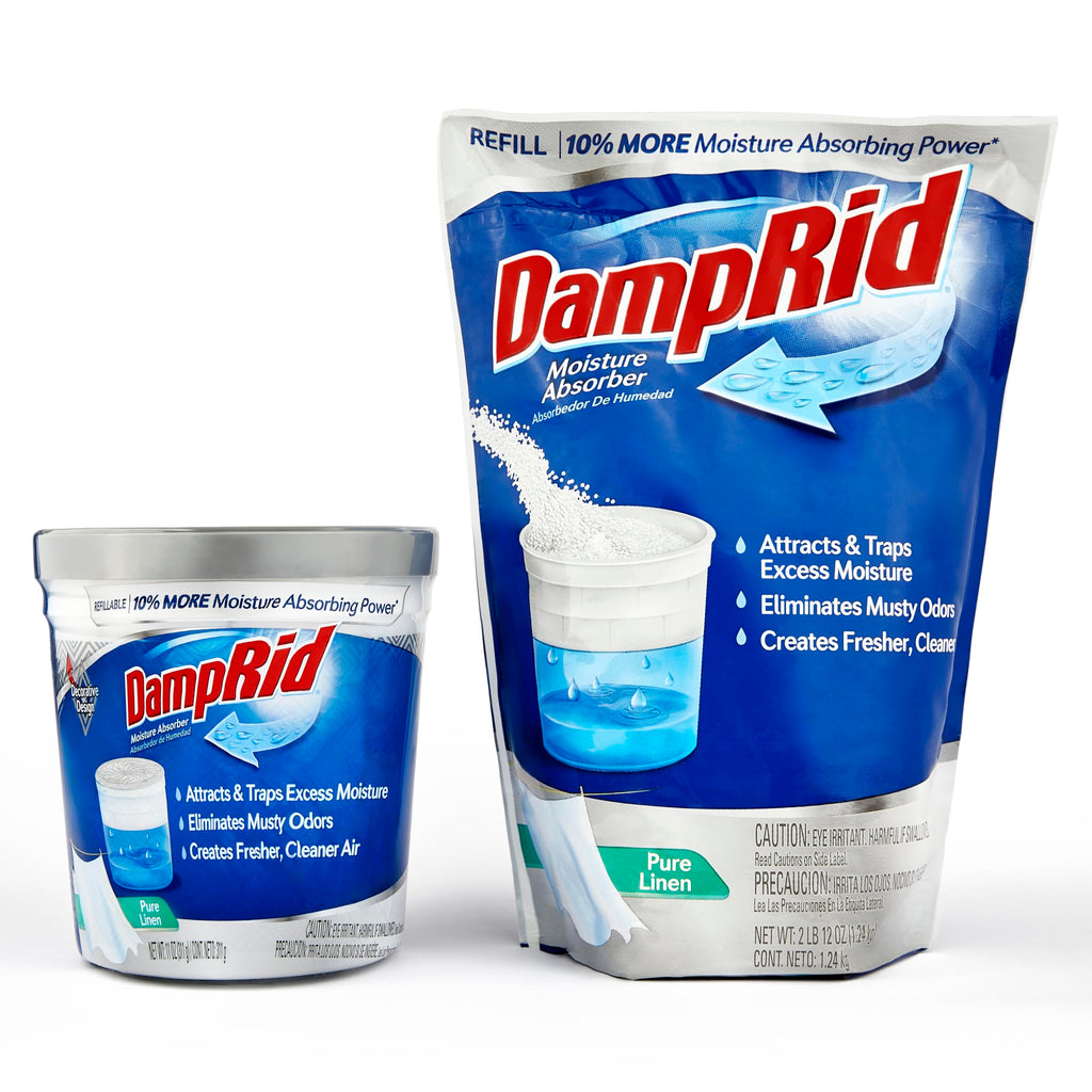 Damp Rid Refillable Moisture Absorber – Pure Linen Humidity Absorber & Odor Absorber with 11oz Cup and 44oz Refill Bag, Cleaner Air for Closet & Bathroom – ILIOS Packaging