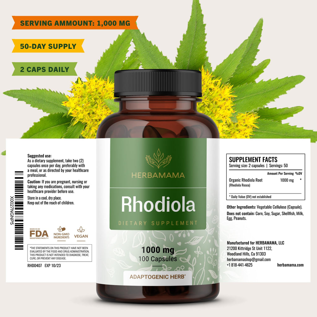 HERBAMAMA Rhodiola Rosea Supplement – Rhodiola Rosea Capsules for Stress Relief & Mental Focus Support* – 100 Vegan Capsules (50 Servings)