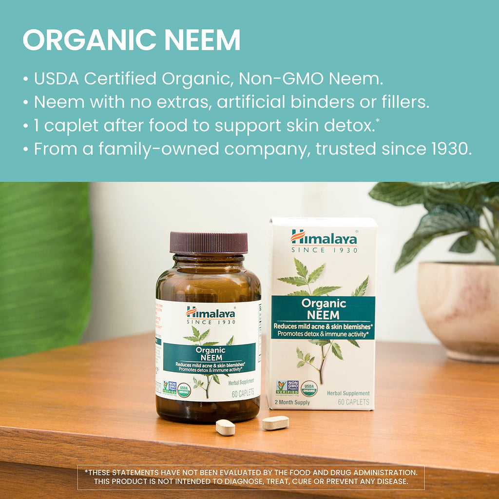 Himalaya Organic Neem, 60 Day Supply - Herbal Acne Supplements Supporting Clear Skin and Detox - USDA Organic, Vegan, Non-GMO, Gluten Free, 600 mg, 60 Caplets