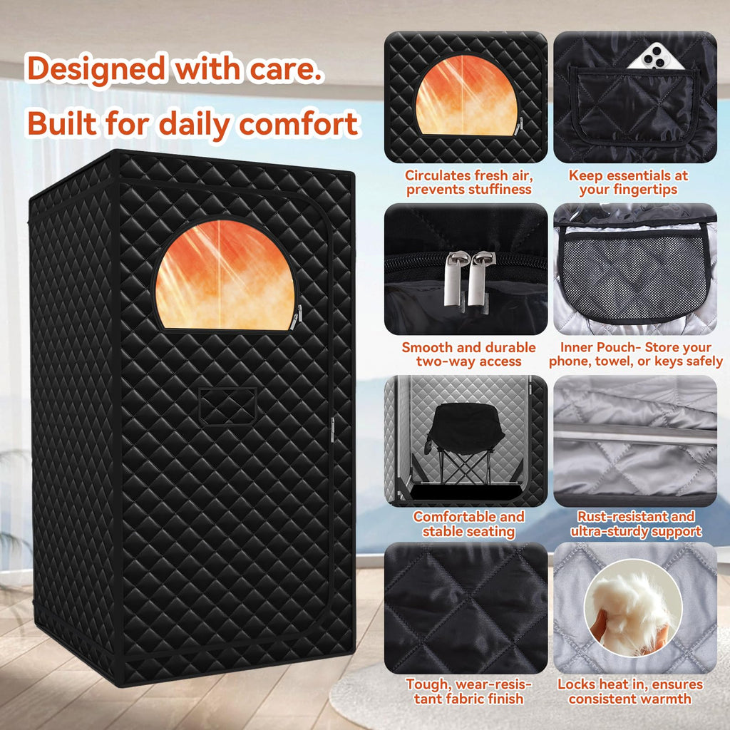 Gozuna Upgraded Portable Sauna for Home, Large Size Personal Sauna Box with 3L 1300W Steamer, Big Folding Chair, 9 Levels Heat, Full Body Steam Room Tent for Home Relaxation Spa 3'x3'x5.9' Black