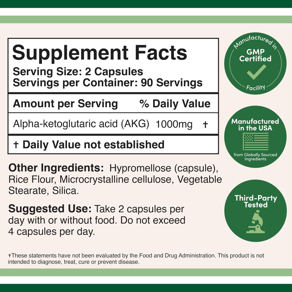 AKG Supplement (Alpha Ketoglutaric Acid) 1,000mg Per Serving (180 Capsules) Different and May Be More Effective Than AAKG (Recently Studied for Healthy Aging Properties) Gluten Free by Double Wood