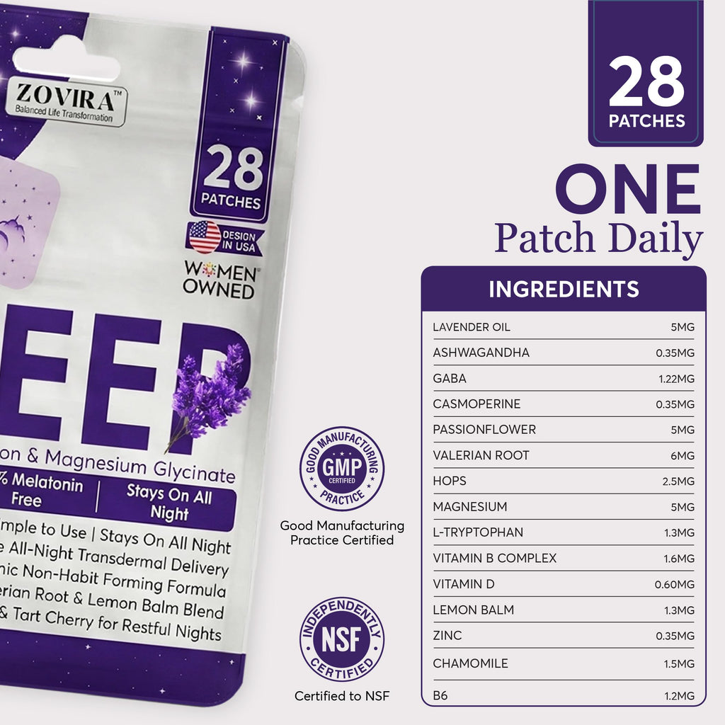 ZOVIRA Sleep Patches for Adults - Melatonin Free | Magnesium, Lavender & Ashwagandha | Non-Habit Forming Transdermal Sleep Aid | Hypoallergenic | 28 Count - Pack of 1