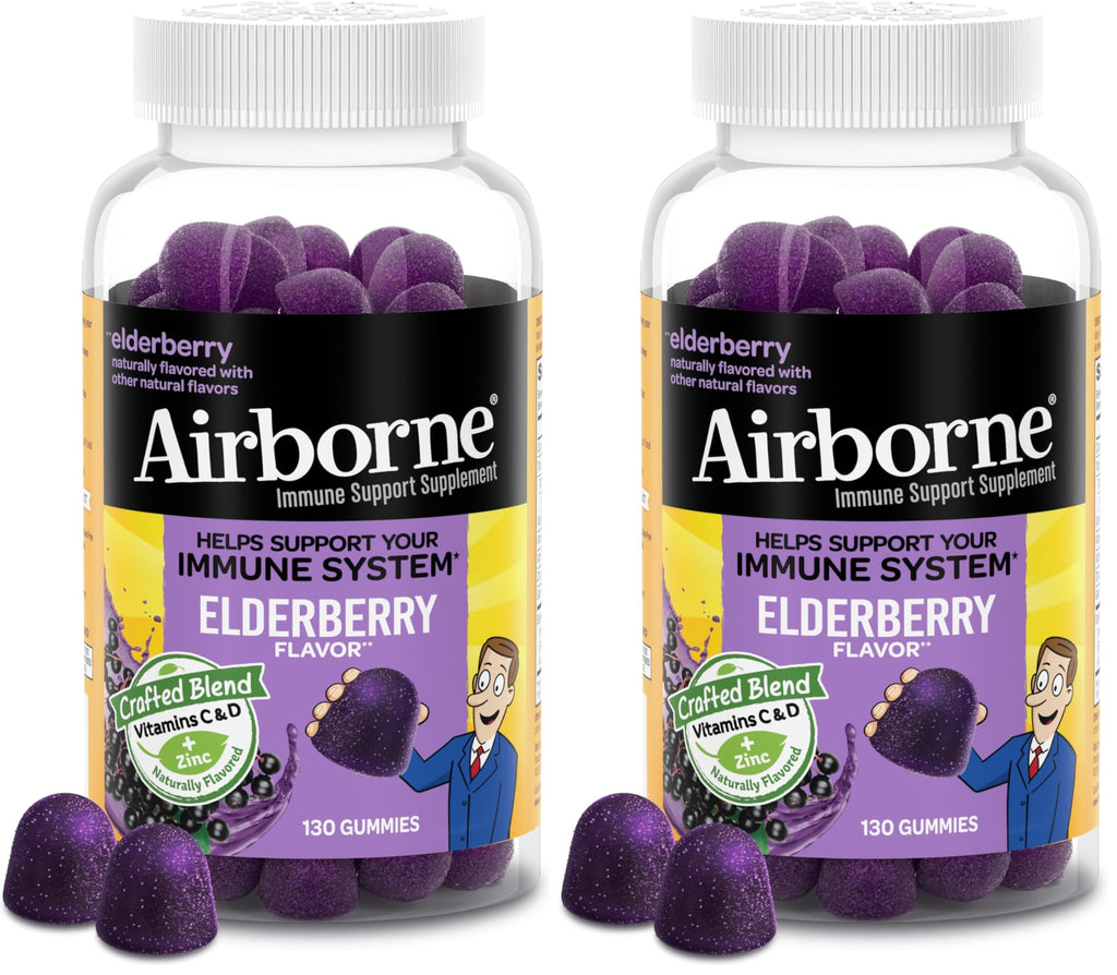 Airborne Elderberry + Zinc & Vitamin C Gummies for Adults,Immune Support with Antioxidants Vitamins C,D & E,Elderberry Flavor,130 Count (Pack of 2)