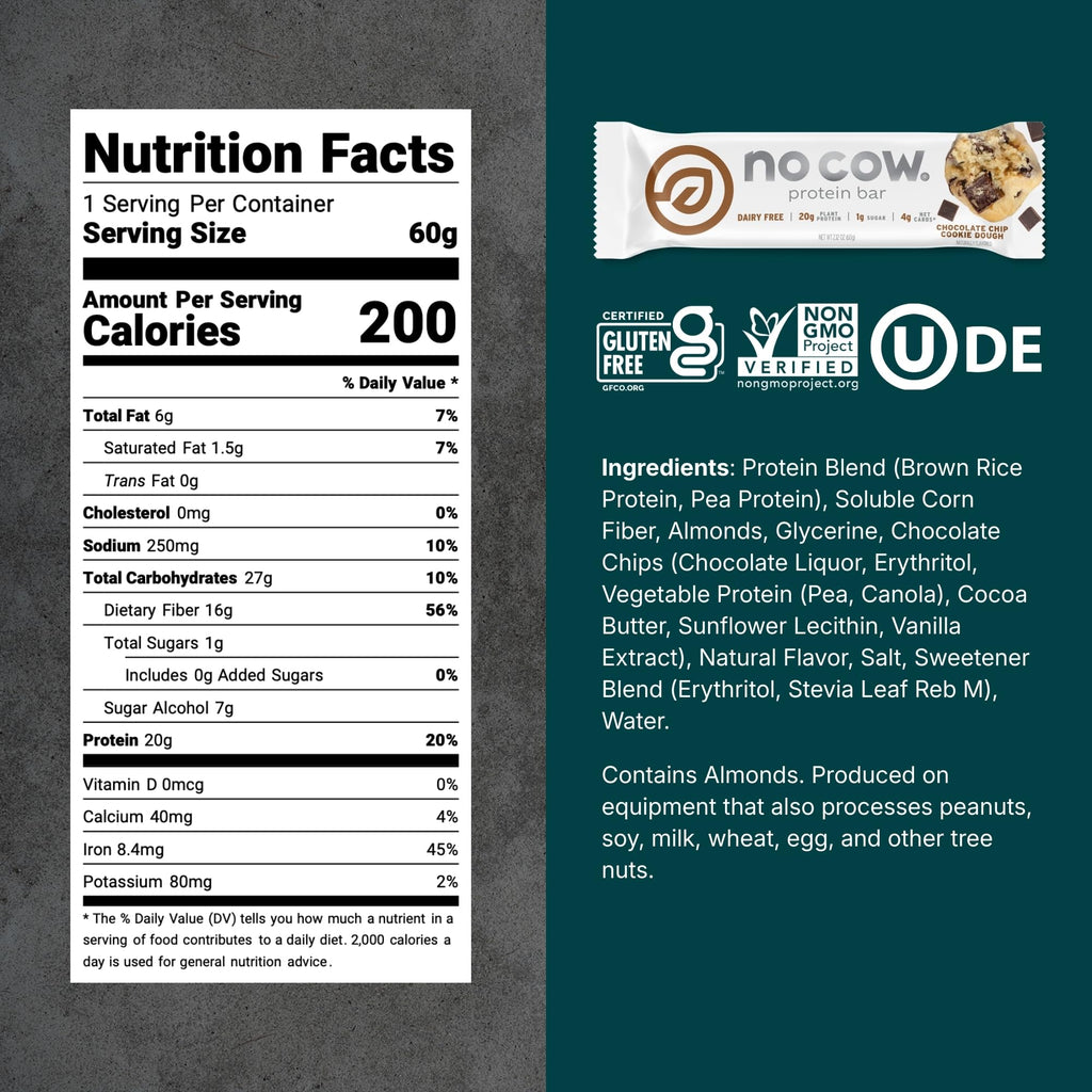 No Cow Vegan Protein Bars, Upgraded Chocolate Chip Cookie Dough | 20g Plant Based Protein, Gluten Free, Dairy Free, Soy Free, Keto Friendly, Low Sugar, High Fiber Snack Bars | Pack of 12