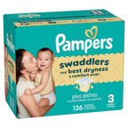 Swaddlers Diapers, Size 3 (13-26 lbs), 136 Count, Fragrance Free, Hypoallergenic, Absorbent, Pediatrician Recommended, Skin Safe