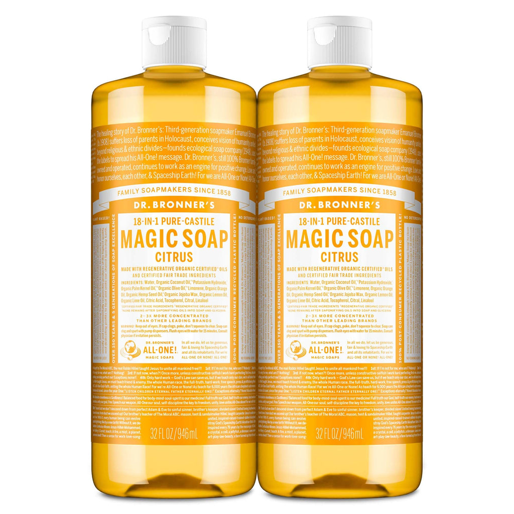 Dr. Bronner's Magic Soap-Pure-Castile Liquid Soap (Citrus, 32oz, 2-Pack)-Regenerative Organic Certified Oils, 18-in-1 Uses: Body, Hair, Laundry, Pets & Dishes, Concentrated, Vegan, Non-GMO